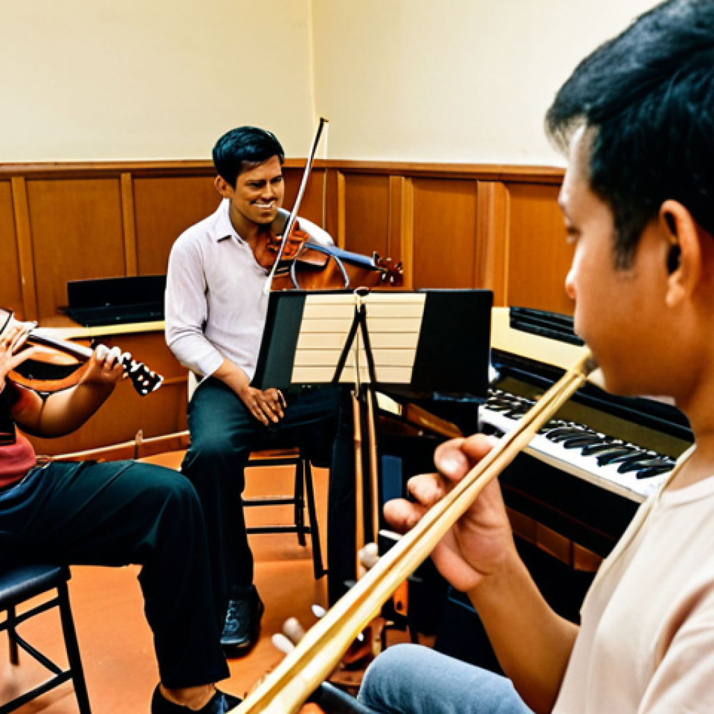 **

"A warm, inviting rehearsal room. Encik Rahman, a friendly orchestra leader, is chatting with musicians after practice.  Focus on empathy and connection.  Malaysian context, diverse group of musicians."

**