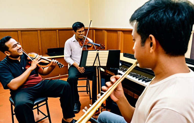 **
"A warm, inviting rehearsal room. Encik Rahman, a friendly orchestra leader, is chatting with musicians after practice. Focus on empathy and connection. Malaysian context, diverse group of musicians."
**