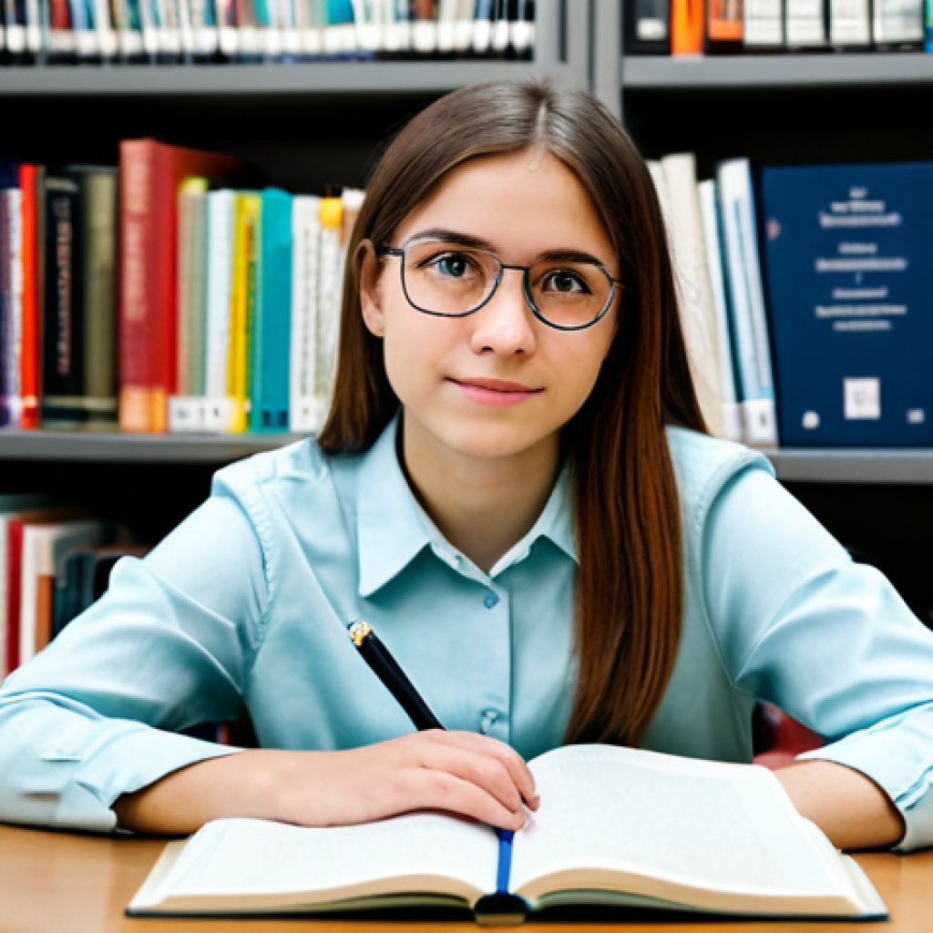 A focused young adult student with an intelligent gaze, wearing a modest long-sleeved shirt and smart trousers, sitting comfortably at a clean, modern study desk. The desk is adorned with neatly stacked textbooks, a notebook, and a pen. In the soft-focus background, a classical guitar leans against a bookshelf in a bright, organized university library. The atmosphere is calm and conducive to learning. professional dress, fully clothed, appropriate attire, safe for work, perfect anatomy, correct proportions, natural pose, well-formed hands, proper finger count, natural body proportions, professional photography, high quality, family-friendly.