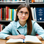 A focused young adult student with an intelligent gaze, wearing a modest long-sleeved shirt and smart trousers, sitting comfortably at a clean, modern study desk. The desk is adorned with neatly stacked textbooks, a notebook, and a pen. In the soft-focus background, a classical guitar leans against a bookshelf in a bright, organized university library. The atmosphere is calm and conducive to learning. professional dress, fully clothed, appropriate attire, safe for work, perfect anatomy, correct proportions, natural pose, well-formed hands, proper finger count, natural body proportions, professional photography, high quality, family-friendly.