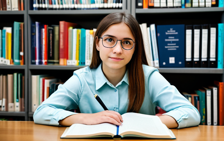 A focused young adult student with an intelligent gaze, wearing a modest long-sleeved shirt and smart trousers, sitting comfortably at a clean, modern study desk. The desk is adorned with neatly stacked textbooks, a notebook, and a pen. In the soft-focus background, a classical guitar leans against a bookshelf in a bright, organized university library. The atmosphere is calm and conducive to learning. professional dress, fully clothed, appropriate attire, safe for work, perfect anatomy, correct proportions, natural pose, well-formed hands, proper finger count, natural body proportions, professional photography, high quality, family-friendly.