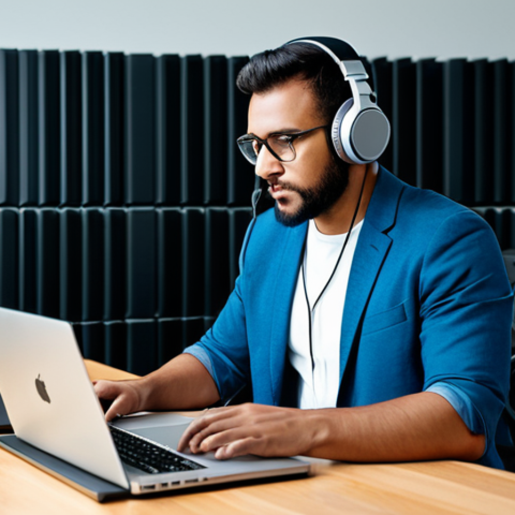 A focused professional artist, dressed in a modest, contemporary business-casual outfit, interacting with a digital music workstation on a laptop in a modern, well-lit studio. Sleek headphones are around their neck, and a professional studio microphone is visible on the desk. The background features sound-dampening panels and ambient studio lighting, conveying an atmosphere of innovation and strategic digital engagement. safe for work, appropriate content, fully clothed, professional, perfect anatomy, correct proportions, natural pose, well-formed hands, proper finger count, natural body proportions, professional photography, high quality.