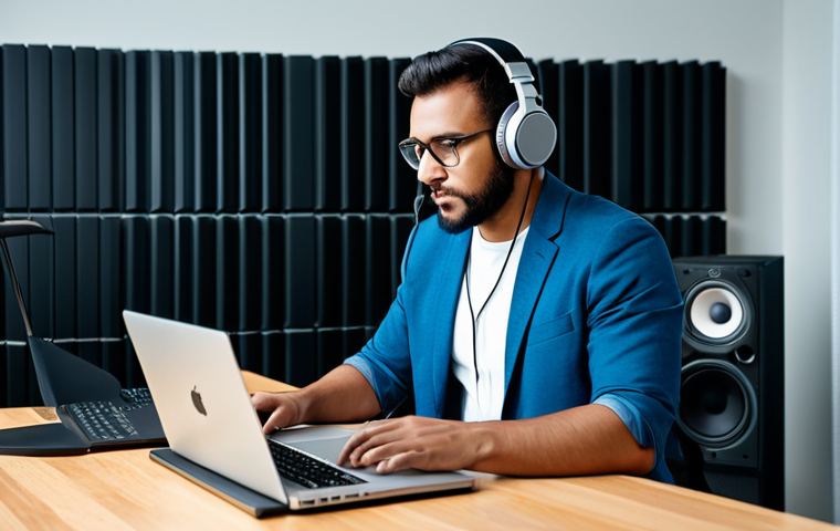 A focused professional artist, dressed in a modest, contemporary business-casual outfit, interacting with a digital music workstation on a laptop in a modern, well-lit studio. Sleek headphones are around their neck, and a professional studio microphone is visible on the desk. The background features sound-dampening panels and ambient studio lighting, conveying an atmosphere of innovation and strategic digital engagement. safe for work, appropriate content, fully clothed, professional, perfect anatomy, correct proportions, natural pose, well-formed hands, proper finger count, natural body proportions, professional photography, high quality.