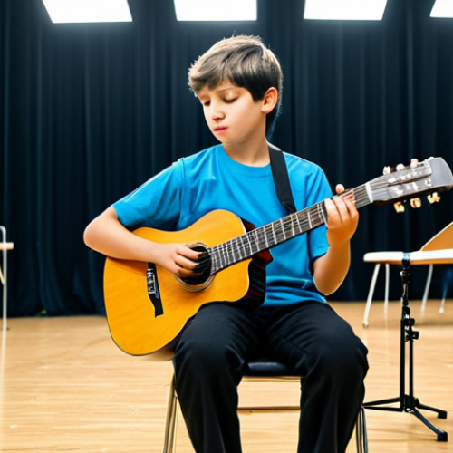 **

A young musician, fully clothed in appropriate stage attire, playing guitar with passion during a music exam. Background shows a simple stage setup with examiners in the distance. Safe for work, appropriate content, modest attire, professional setting, perfect anatomy, natural pose, well-formed hands, proper finger count, family-friendly.

**