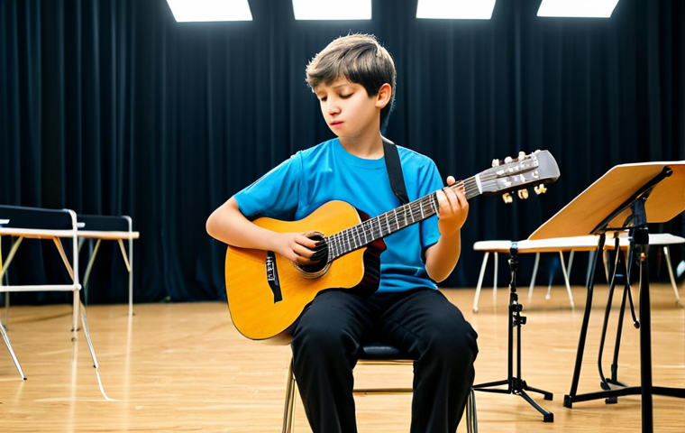 **

A young musician, fully clothed in appropriate stage attire, playing guitar with passion during a music exam. Background shows a simple stage setup with examiners in the distance. Safe for work, appropriate content, modest attire, professional setting, perfect anatomy, natural pose, well-formed hands, proper finger count, family-friendly.

**