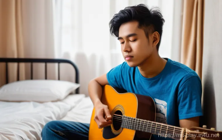 연주가가 실기 연습 시 흔히 하는 실수 - **Prompt:** A young adult Malaysian musician (18-25 years old, wearing a modest t-shirt and jeans) s...