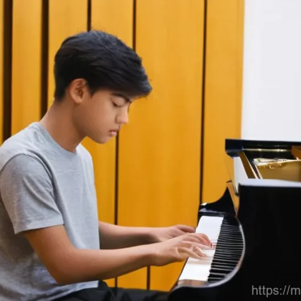 연주가의 자격증 실기 시험 필수 확인 사항 - Focused Practice Session**
    "A young, dedicated male musician, around 17 years old, with short, n...