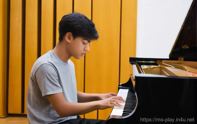 연주가의 자격증 실기 시험 필수 확인 사항 - Focused Practice Session**
    "A young, dedicated male musician, around 17 years old, with short, n...
