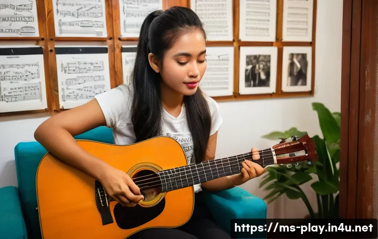 연주가가 되는 데 필요한 기본 자질 - **Prompt:** A young Malaysian female musician, approximately 22 years old, with long dark hair tied ...