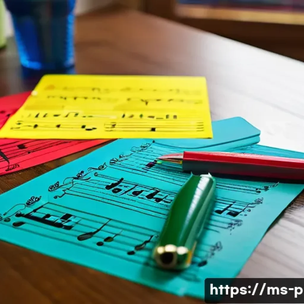 연주가 이론 시험 대비 노트 필기법 - A colorful study desk scene featuring neatly organized handwritten music theory notes using differen...