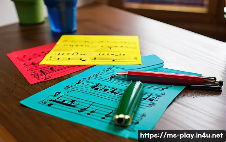 연주가 이론 시험 대비 노트 필기법 - A colorful study desk scene featuring neatly organized handwritten music theory notes using differen...