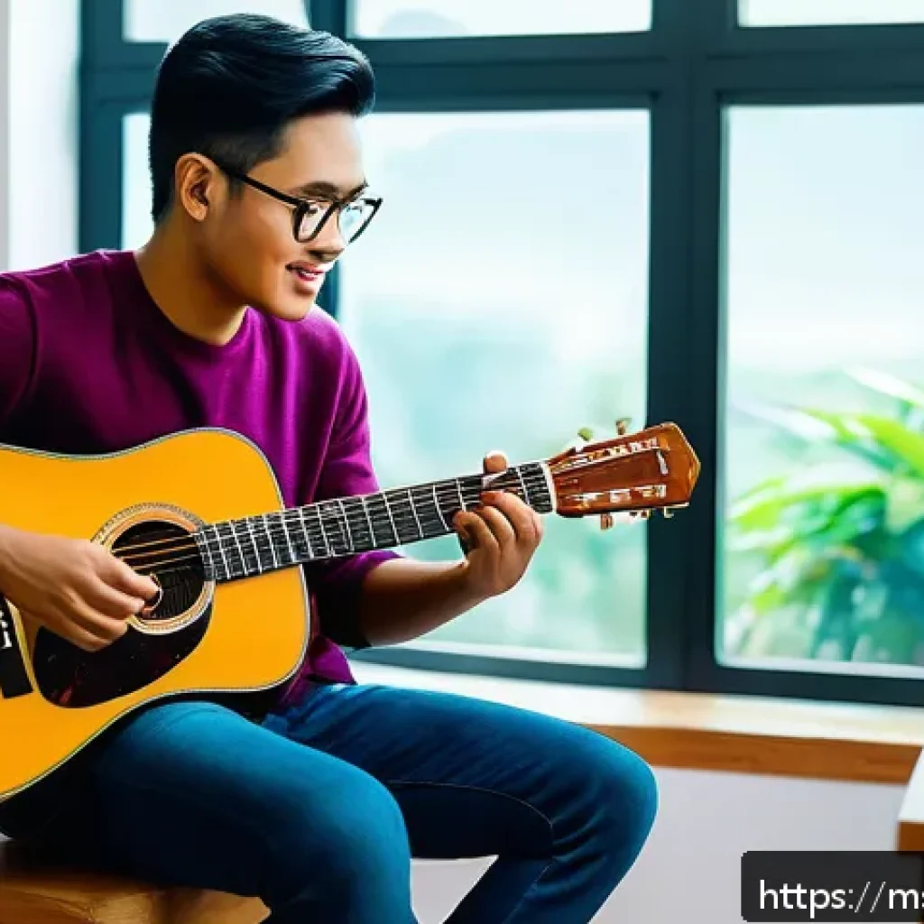 연주가의 하루 업무 스케줄 - A focused Malay musician in a modern, cozy home studio setting, practicing guitar with a clear daily...