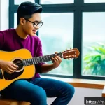 연주가의 하루 업무 스케줄 - A focused Malay musician in a modern, cozy home studio setting, practicing guitar with a clear daily...