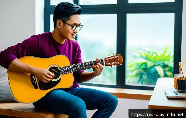 연주가의 하루 업무 스케줄 - A focused Malay musician in a modern, cozy home studio setting, practicing guitar with a clear daily...